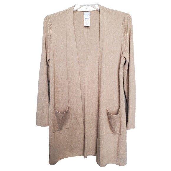 Chico's Touch of Cashmere Tan Longline Open Front Cardigan with Pockets Sz 1 MED - Picture 1 of 6